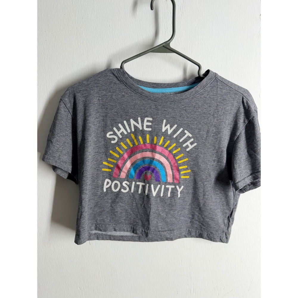BCG Girls Gray Rainbow Shine With Positivity Graphic Crop Top T-Shirt L 12-14